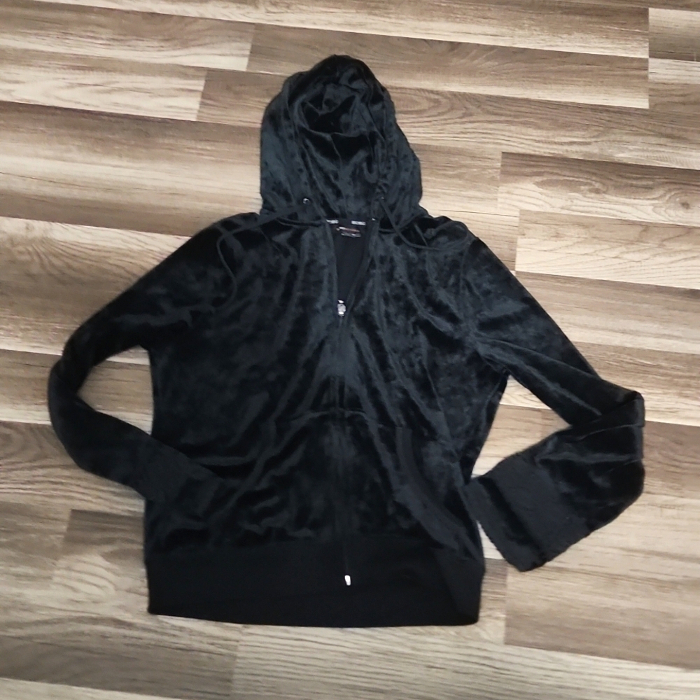 BCBGMAXAZRIA Black Velour Hoodie Size Large Chrochet Sleeves  Y2K
